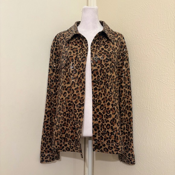 Elementz Jackets & Blazers - Leopard Animal Print Glossy Sequin Womens Jacket Brown Black 2X Glam Retro Punk